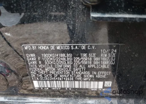 2025 Honda Hr-V Awd Sport z USA, uszkodzony, nr VIN 3CZRZ2H54SM749936